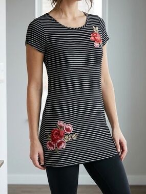 Discreet Black & White Striped Tunic with Pink Floral Appliqués